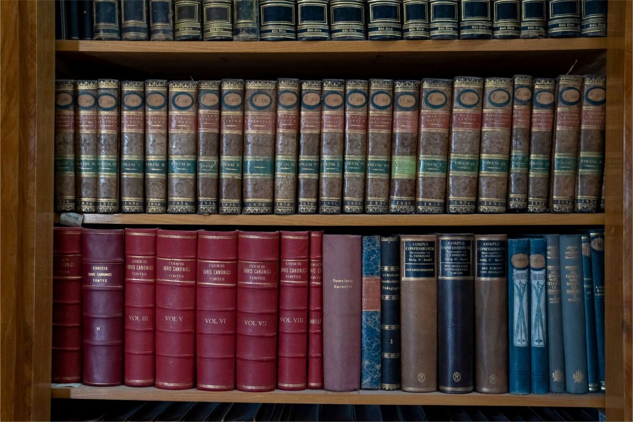 Bookshelf filled with rows of vintage and leather-bound books in various colors, arranged neatly in a library setting.