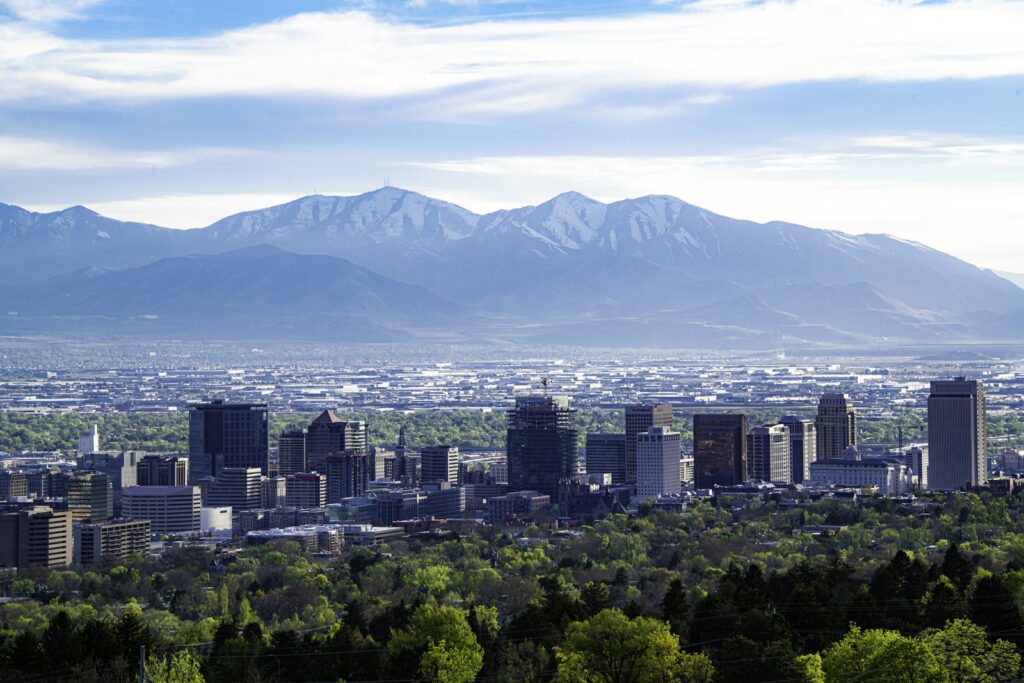 Salt Lake City skyline with the Wasatch Mountains in the background